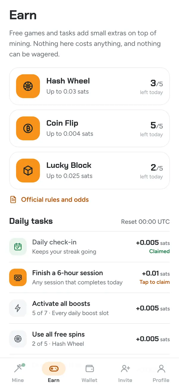 Earn screen with games and tasks