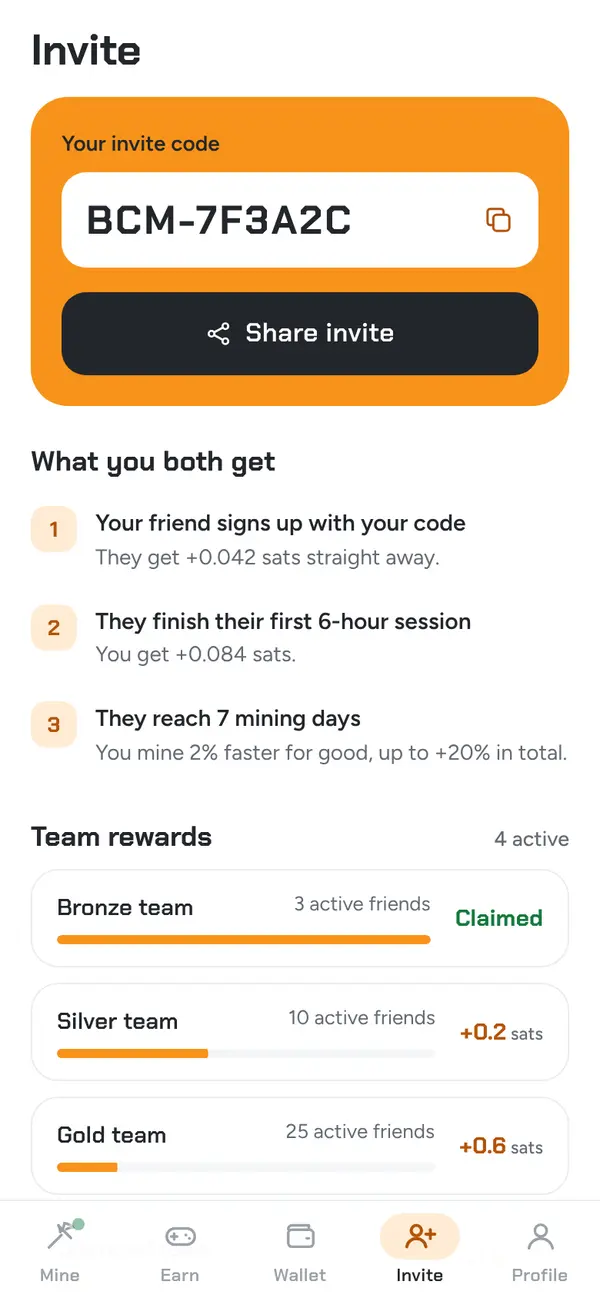 Invite screen with a personal invite code