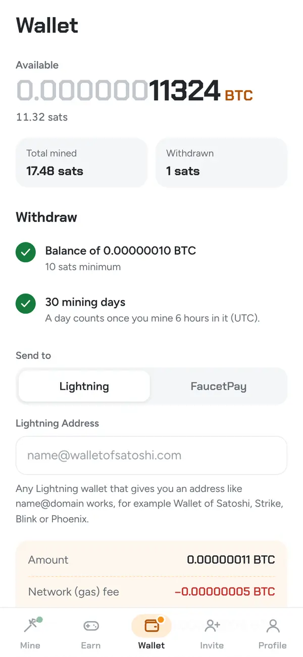 Wallet screen with withdrawal unlocked